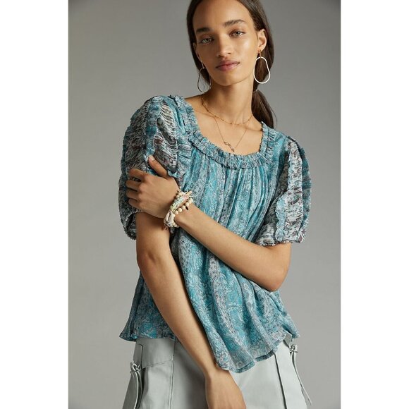 ANTHROPOLOGIE Pintucked Chiffon Womens Blouse AQUA - S SMALL NEW TOP - Picture 2 of 3